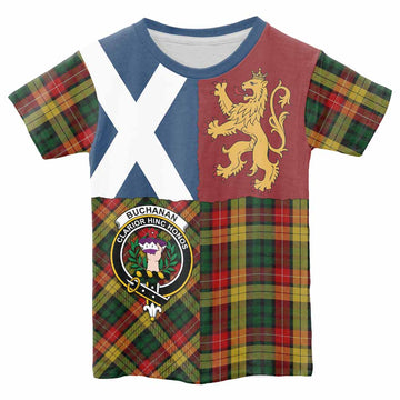 Buchanan Crest Tartan Kid T-shirt with Lion Rampant Saltire Style