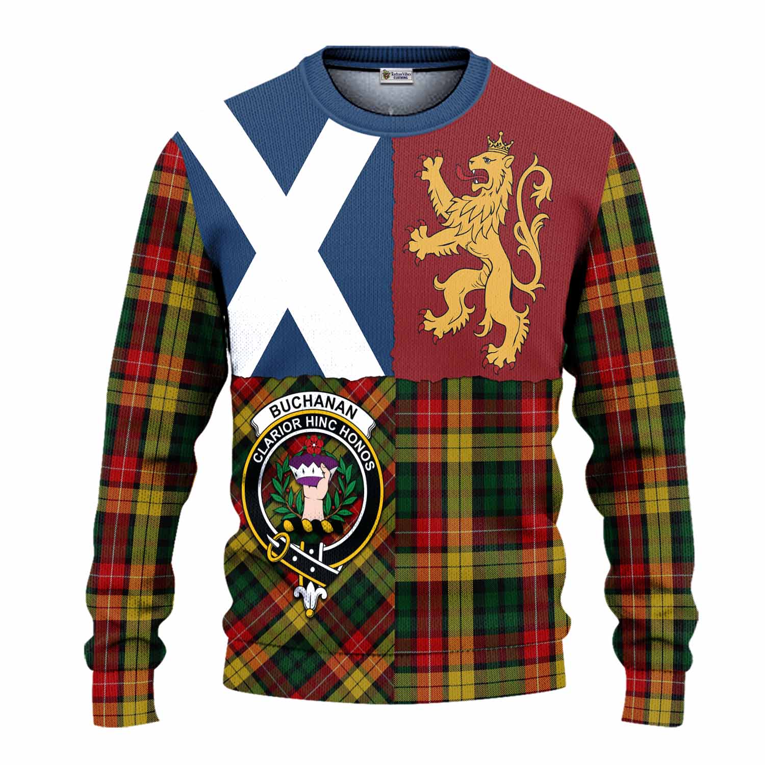 Buchanan Crest Tartan Knitted Sweater with Lion Rampant Saltire Style