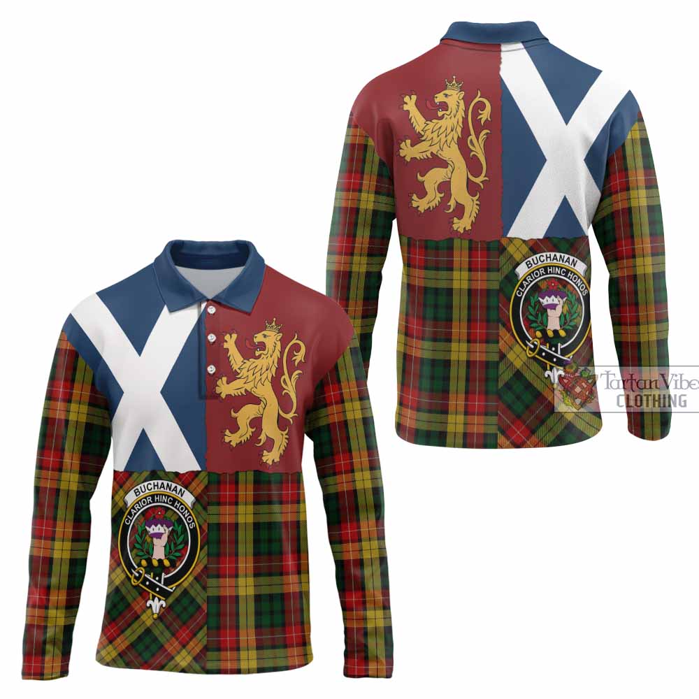 Buchanan Crest Tartan Long Sleeve Polo Shirt with Lion Rampant Saltire Style