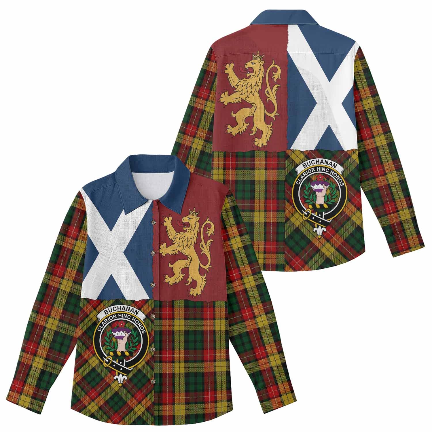 Buchanan Crest Tartan Women Casual Shirt with Lion Rampant Saltire Style