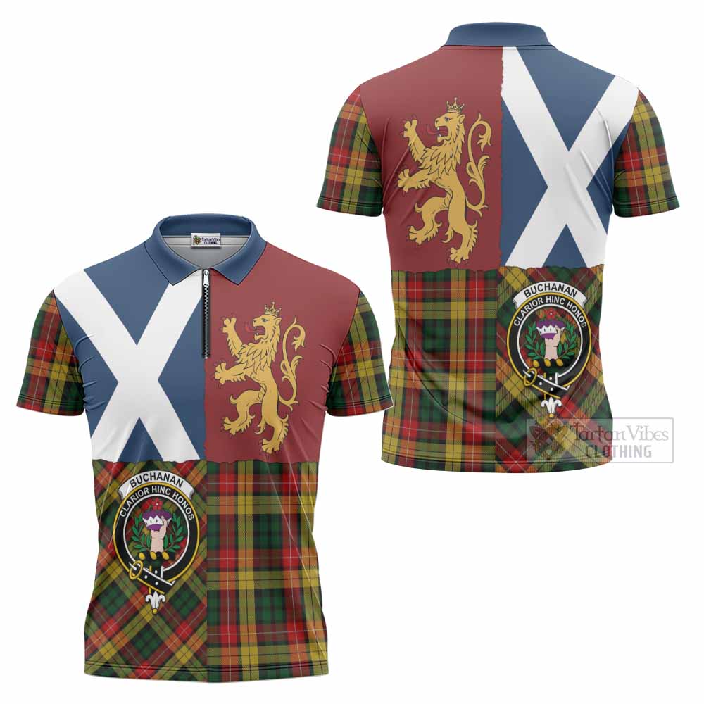 Buchanan Crest Tartan Zipper Polo Shirt with Lion Rampant Saltire Style
