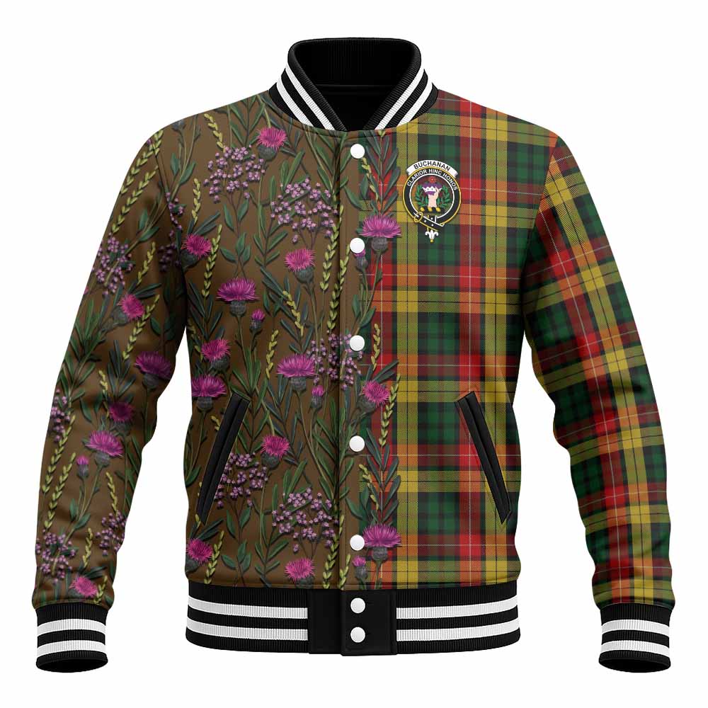 Buchanan Family Crest Tartan Baseball Jacket Scottish Thistle Flower Pattern Half Style - Tartan Vibes Clothing