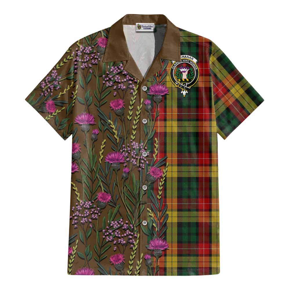 Buchanan Family Crest Tartan Cotton Hawaiian Shirt Scottish Thistle Flower Pattern Half Style - Tartan Vibes Clothing