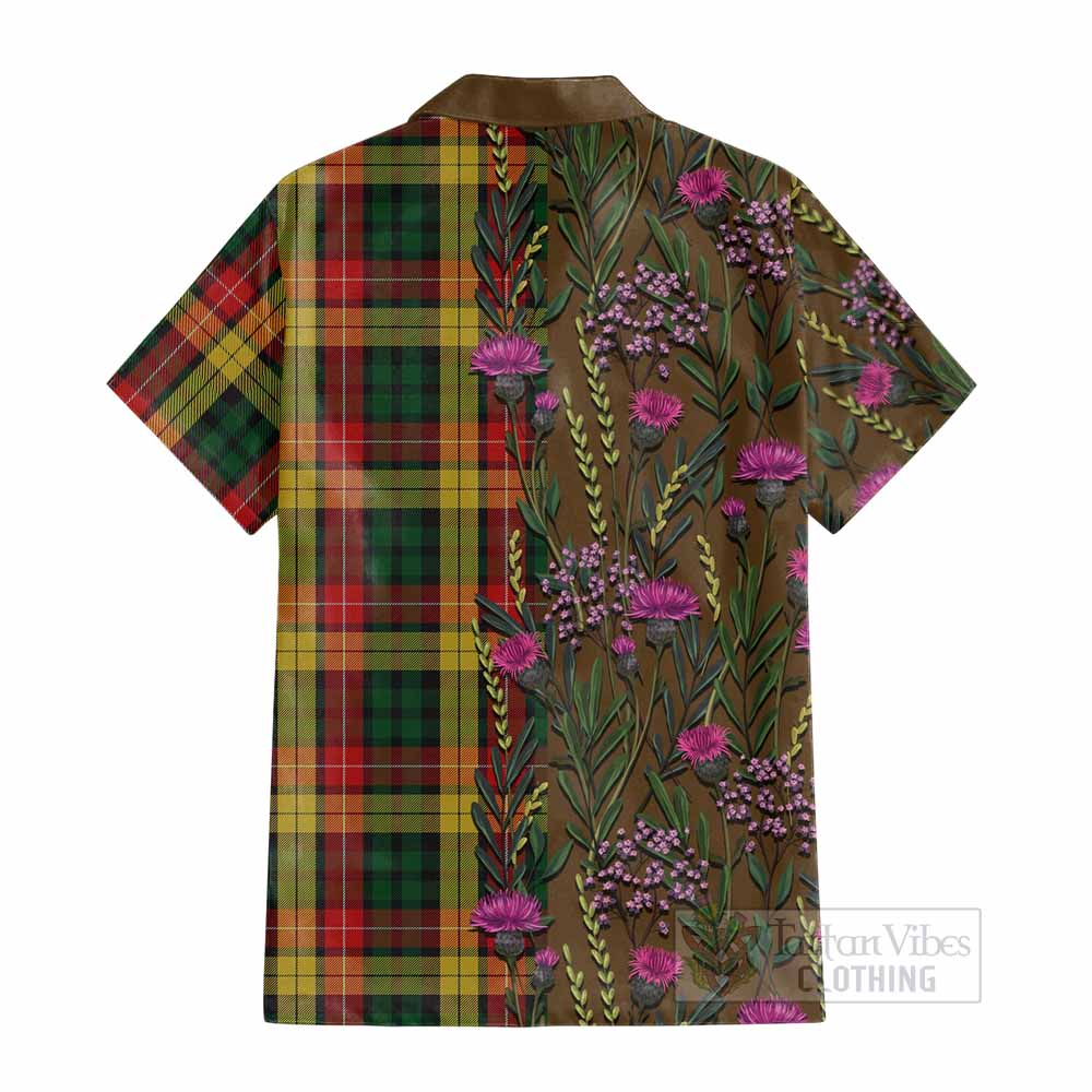 Buchanan Family Crest Tartan Cotton Hawaiian Shirt Scottish Thistle Flower Pattern Half Style - Tartan Vibes Clothing