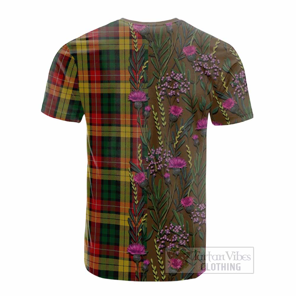 Buchanan Family Crest Tartan Cotton T-shirt Scottish Thistle Flower Pattern Half Style - Tartan Vibes Clothing