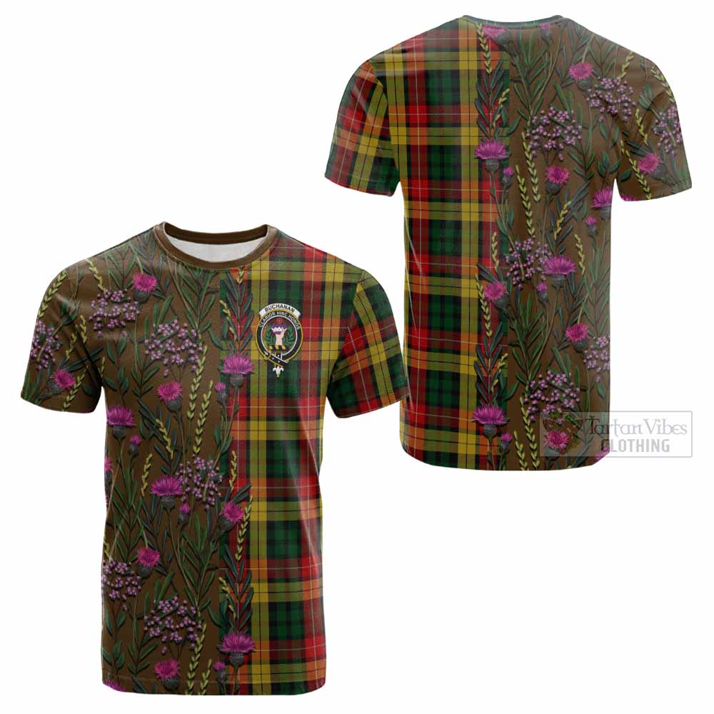 Buchanan Family Crest Tartan Cotton T-shirt Scottish Thistle Flower Pattern Half Style - Tartan Vibes Clothing