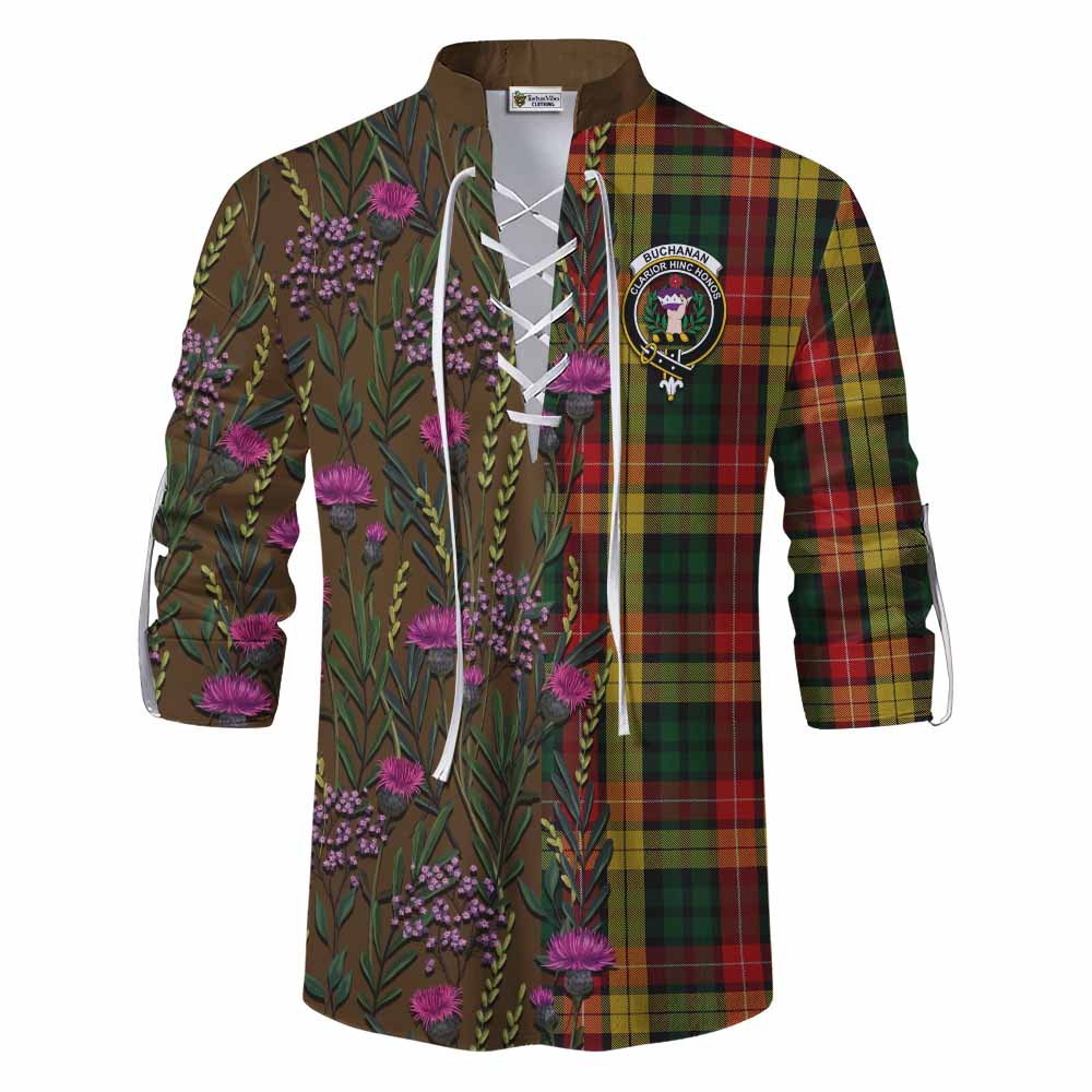 Buchanan Family Crest Tartan Ghillie Shirt Scottish Thistle Flower Pattern Half Style - Tartan Vibes Clothing
