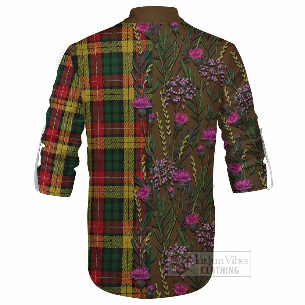 Buchanan Family Crest Tartan Ghillie Shirt Scottish Thistle Flower Pattern Half Style - Tartan Vibes Clothing