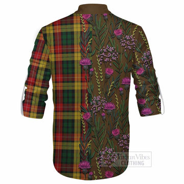 Buchanan Family Crest Tartan Ghillie Shirt Scottish Thistle Flower Pattern Half Style