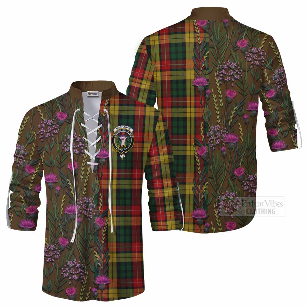 Buchanan Family Crest Tartan Ghillie Shirt Scottish Thistle Flower Pattern Half Style - Tartan Vibes Clothing