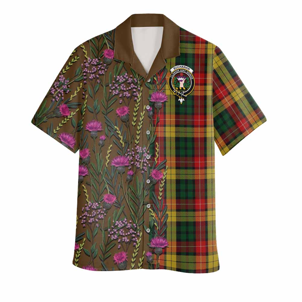 Buchanan Family Crest Tartan Hawaiian Shirt Scottish Thistle Flower Pattern Half Style - Tartan Vibes Clothing
