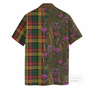 Buchanan Family Crest Tartan Hawaiian Shirt Scottish Thistle Flower Pattern Half Style - Tartan Vibes Clothing
