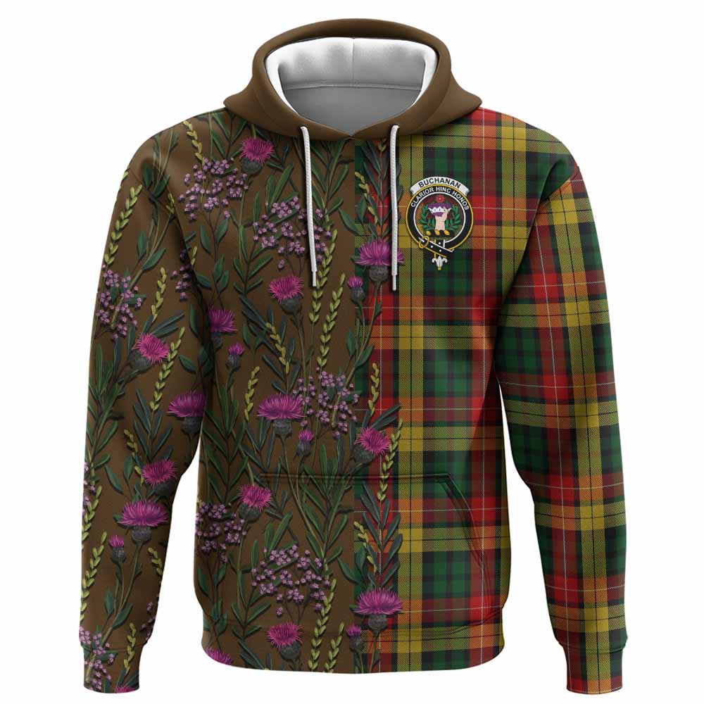 Buchanan Family Crest Tartan Hoodie Scottish Thistle Flower Pattern Half Style - Tartan Vibes Clothing