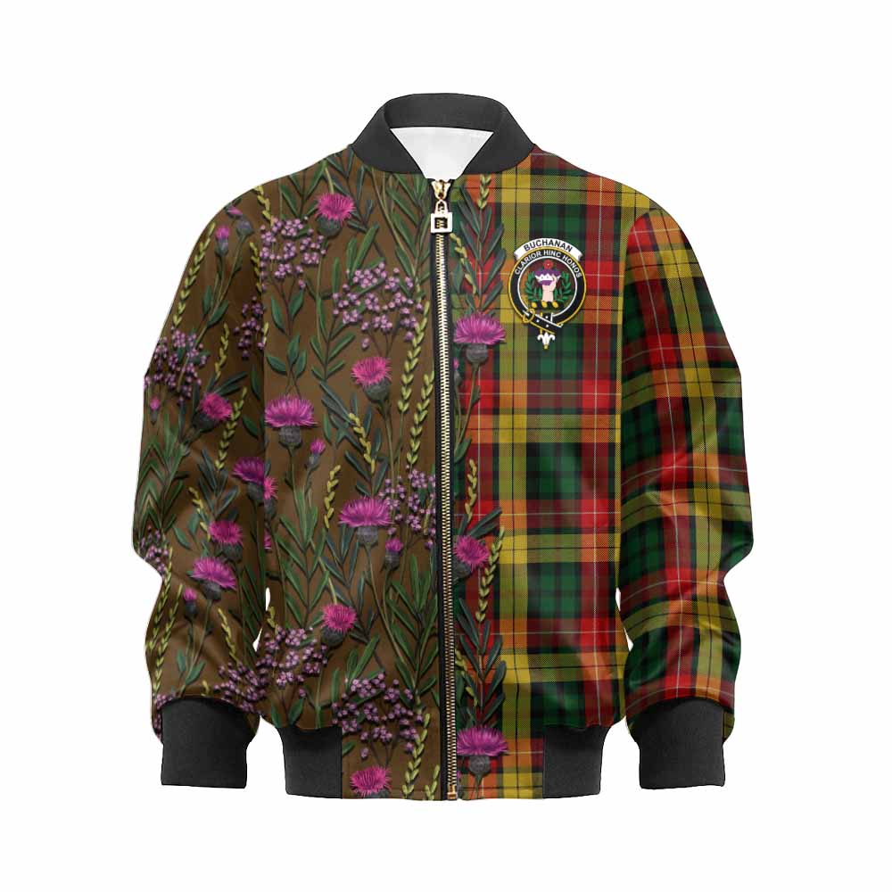 Buchanan Family Crest Tartan Kid Bomber Jacket Scottish Thistle Flower Pattern Half Style - Tartan Vibes Clothing