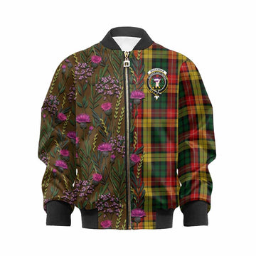 Buchanan Family Crest Tartan Kid Bomber Jacket Scottish Thistle Flower Pattern Half Style - Tartan Vibes Clothing