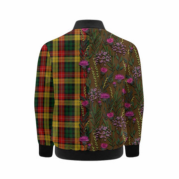 Buchanan Family Crest Tartan Kid Bomber Jacket Scottish Thistle Flower Pattern Half Style - Tartan Vibes Clothing