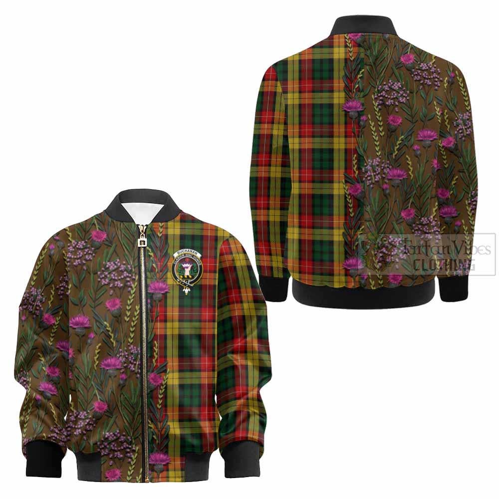 Buchanan Family Crest Tartan Kid Bomber Jacket Scottish Thistle Flower Pattern Half Style - Tartan Vibes Clothing