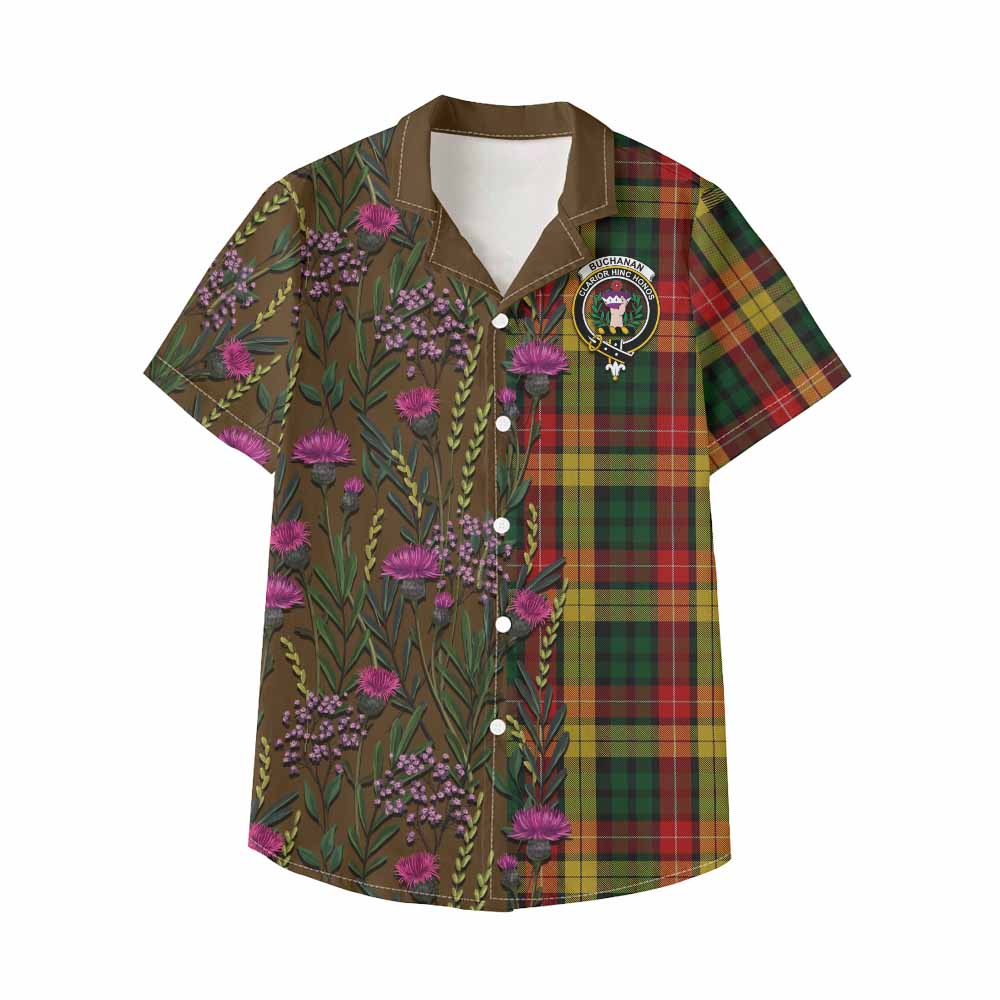 Buchanan Family Crest Tartan Kid Hawaiian Shirt Scottish Thistle Flower Pattern Half Style - Tartan Vibes Clothing