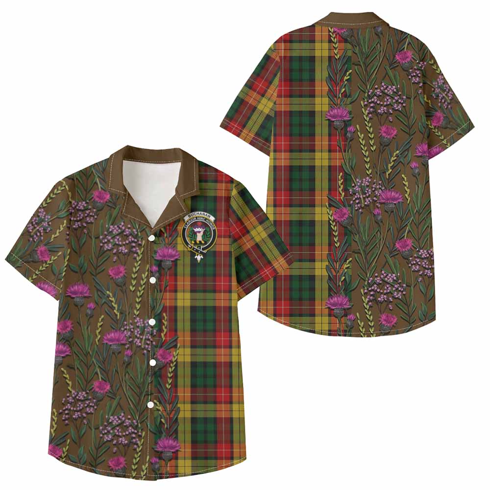 Buchanan Family Crest Tartan Kid Hawaiian Shirt Scottish Thistle Flower Pattern Half Style - Tartan Vibes Clothing
