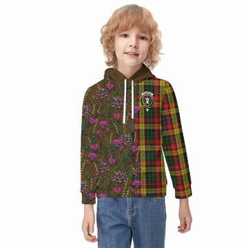 Buchanan Family Crest Tartan Kid Hoodie Scottish Thistle Flower Pattern Half Style - Tartan Vibes Clothing