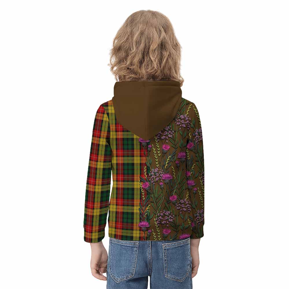 Buchanan Family Crest Tartan Kid Hoodie Scottish Thistle Flower Pattern Half Style - Tartan Vibes Clothing