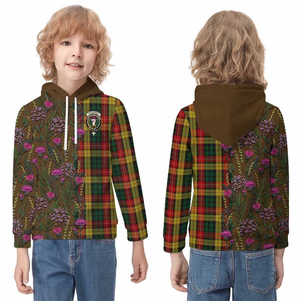 Buchanan Family Crest Tartan Kid Hoodie Scottish Thistle Flower Pattern Half Style - Tartan Vibes Clothing