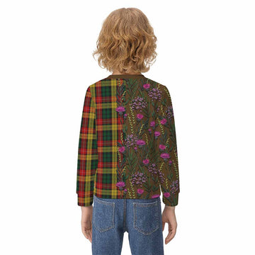 Buchanan Family Crest Tartan Kid Knitted Sweatshirt Scottish Thistle Flower Pattern Half Style - Tartan Vibes Clothing