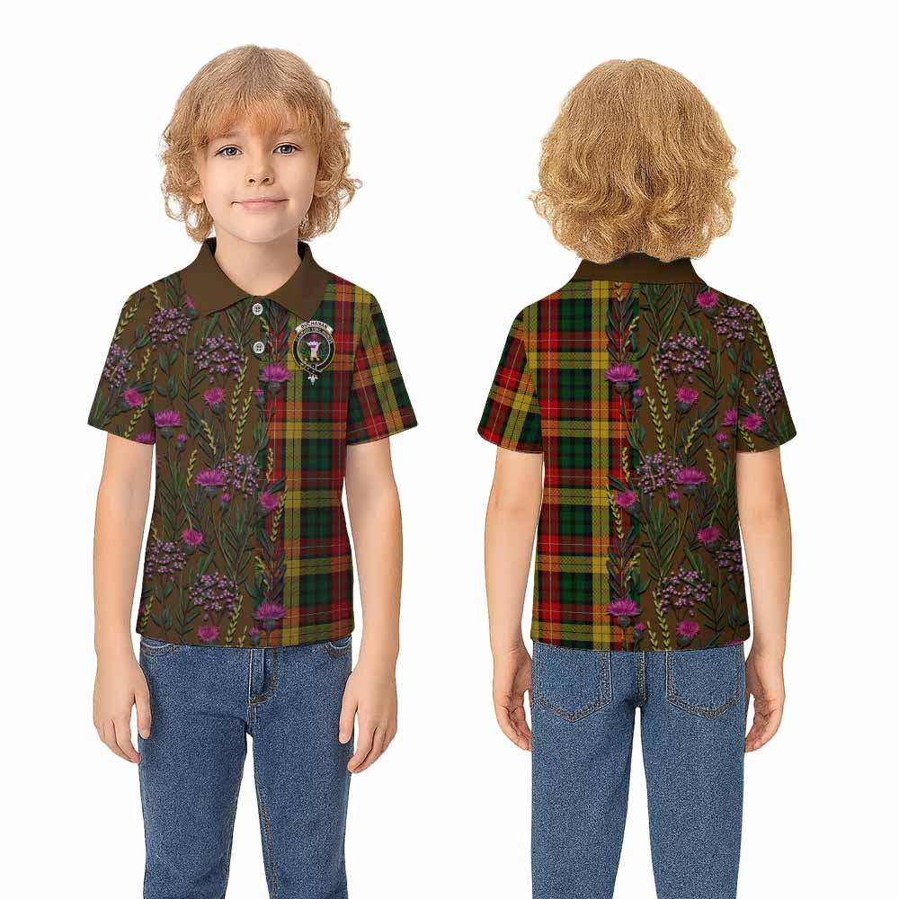 Buchanan Family Crest Tartan Kid Polo Shirt Scottish Thistle Flower Pattern Half Style - Tartan Vibes Clothing