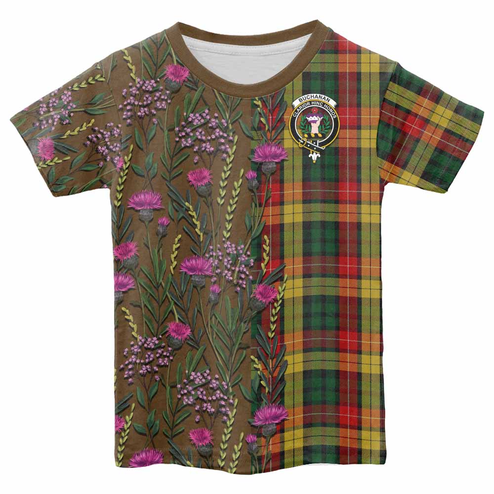 Buchanan Family Crest Tartan Kid T-shirt Scottish Thistle Flower Pattern Half Style - Tartan Vibes Clothing