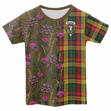 Buchanan Family Crest Tartan Kid T-shirt Scottish Thistle Flower Pattern Half Style - Tartan Vibes Clothing