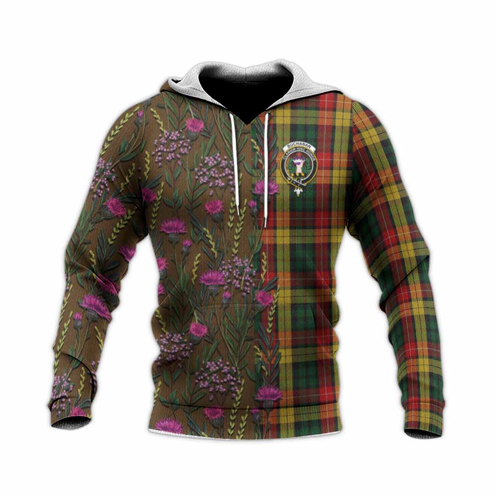 Buchanan Family Crest Tartan Knitted Hoodie Scottish Thistle Flower Pattern Half Style - Tartan Vibes Clothing