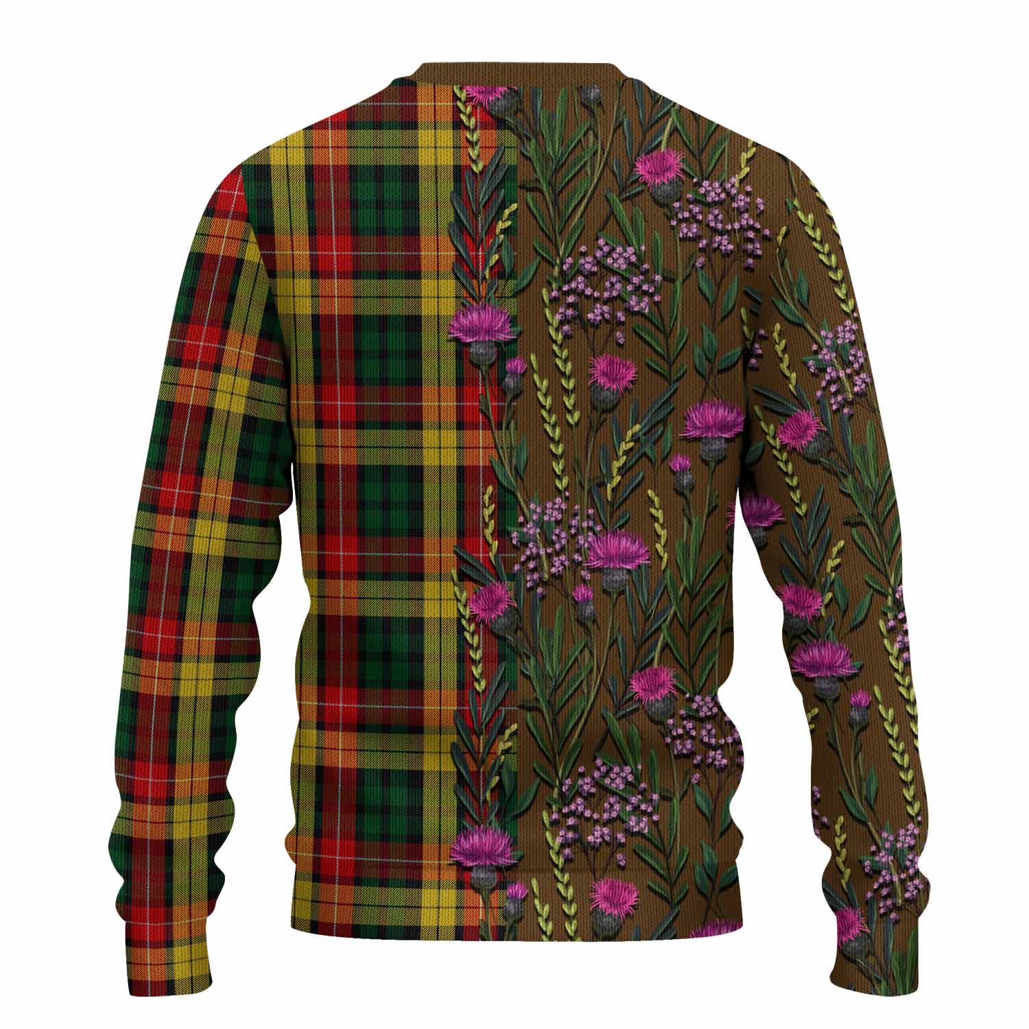 Buchanan Family Crest Tartan Knitted Sweater Scottish Thistle Flower Pattern Half Style - Tartan Vibes Clothing