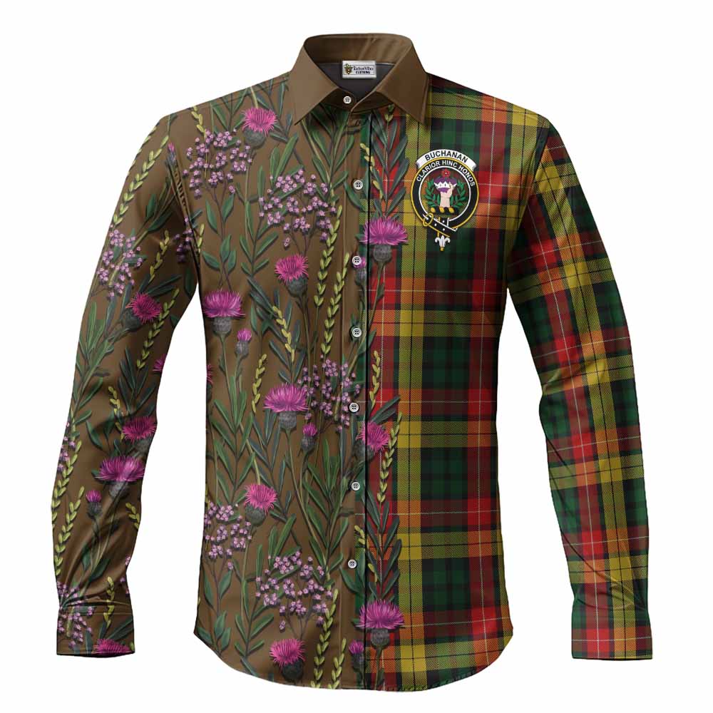 Buchanan Family Crest Tartan Long Sleeve Button Shirts Scottish Thistle Flower Pattern Half Style - Tartan Vibes Clothing