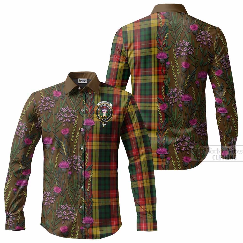 Buchanan Family Crest Tartan Long Sleeve Button Shirts Scottish Thistle Flower Pattern Half Style - Tartan Vibes Clothing