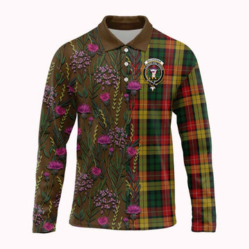 Buchanan Family Crest Tartan Long Sleeve Polo Shirt Scottish Thistle Flower Pattern Half Style