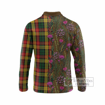 Buchanan Family Crest Tartan Long Sleeve Polo Shirt Scottish Thistle Flower Pattern Half Style