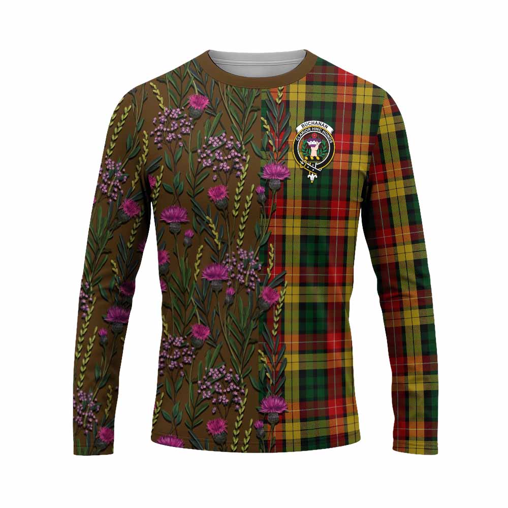 Buchanan Family Crest Tartan Long Sleeve T-Shirt Scottish Thistle Flower Pattern Half Style - Tartan Vibes Clothing