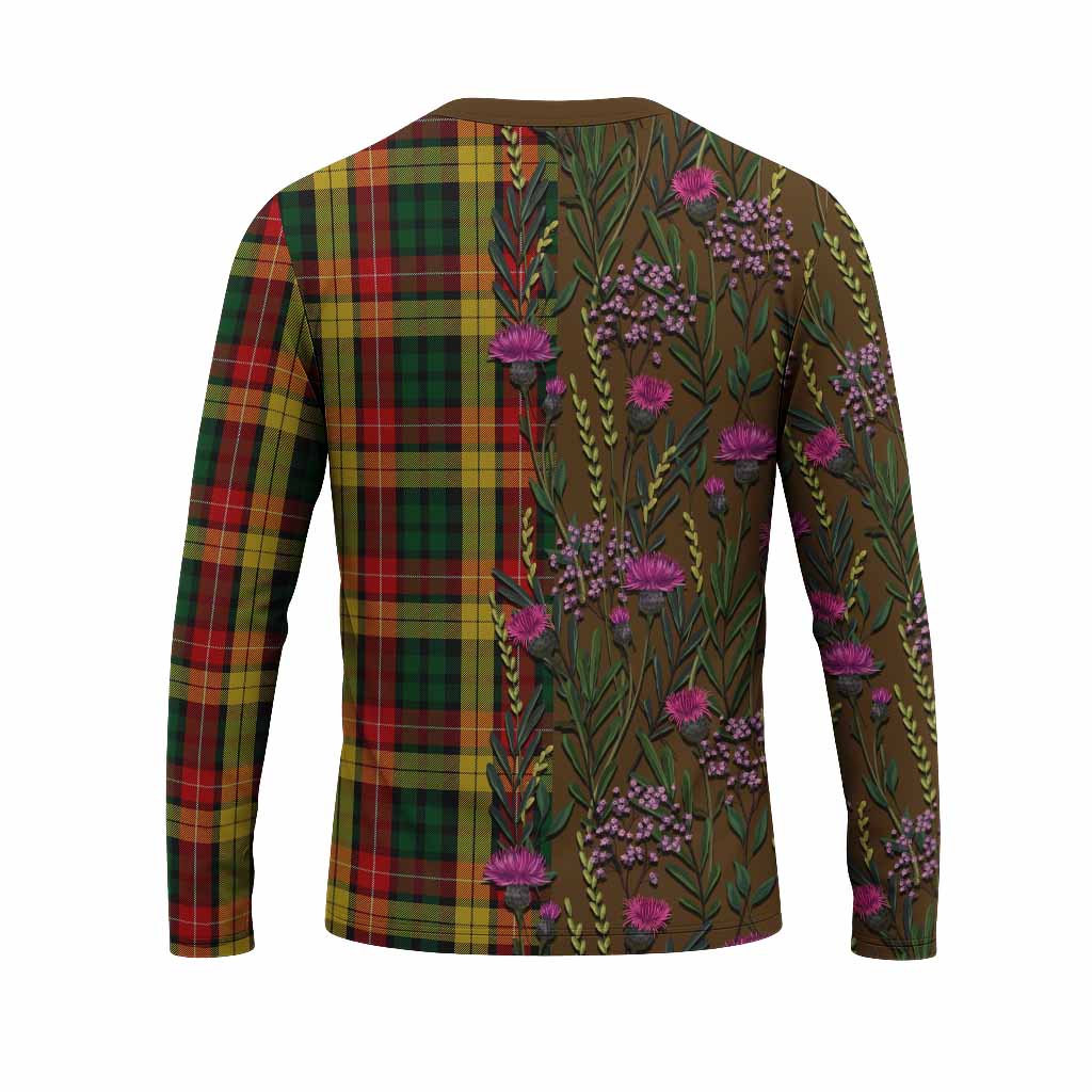 Buchanan Family Crest Tartan Long Sleeve T-Shirt Scottish Thistle Flower Pattern Half Style - Tartan Vibes Clothing