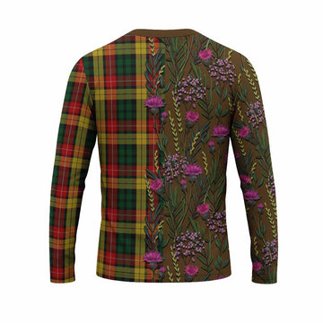Buchanan Family Crest Tartan Long Sleeve T-Shirt Scottish Thistle Flower Pattern Half Style - Tartan Vibes Clothing