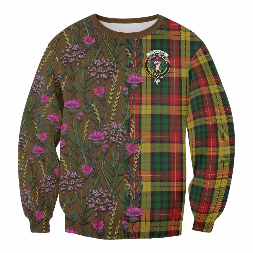 Buchanan Family Crest Tartan Sweatshirt Scottish Thistle Flower Pattern Half Style - Tartan Vibes Clothing