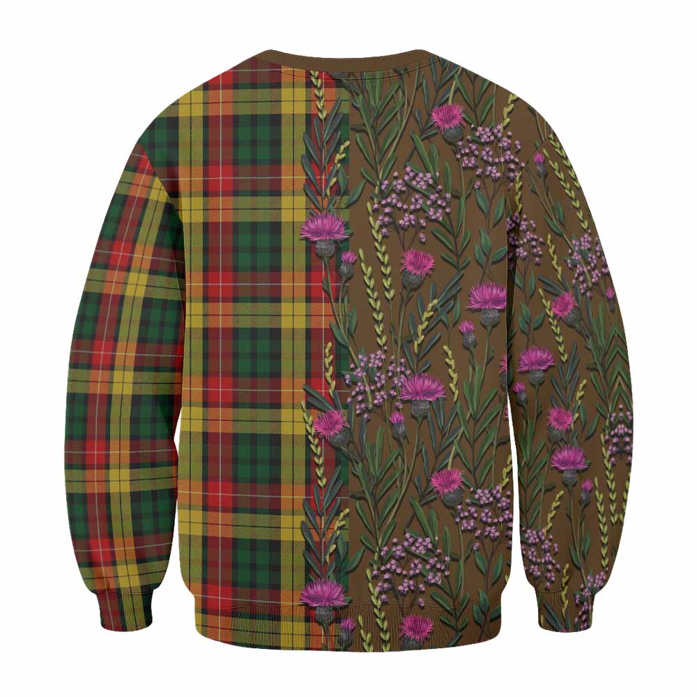 Buchanan Family Crest Tartan Sweatshirt Scottish Thistle Flower Pattern Half Style - Tartan Vibes Clothing