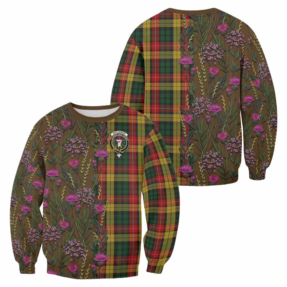 Buchanan Family Crest Tartan Sweatshirt Scottish Thistle Flower Pattern Half Style - Tartan Vibes Clothing