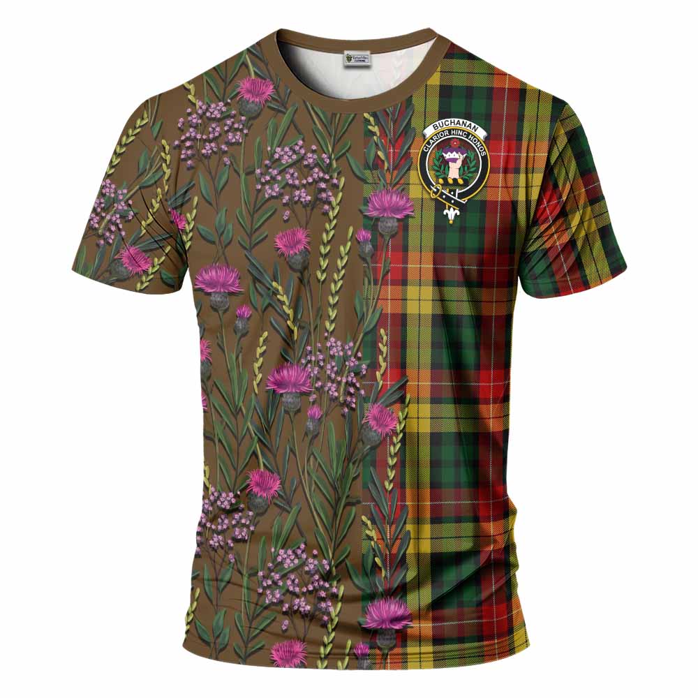 Buchanan Family Crest Tartan T-Shirt Scottish Thistle Flower Pattern Half Style - Tartan Vibes Clothing