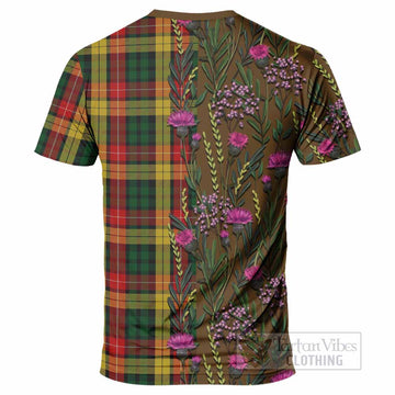 Buchanan Family Crest Tartan T-Shirt Scottish Thistle Flower Pattern Half Style - Tartan Vibes Clothing
