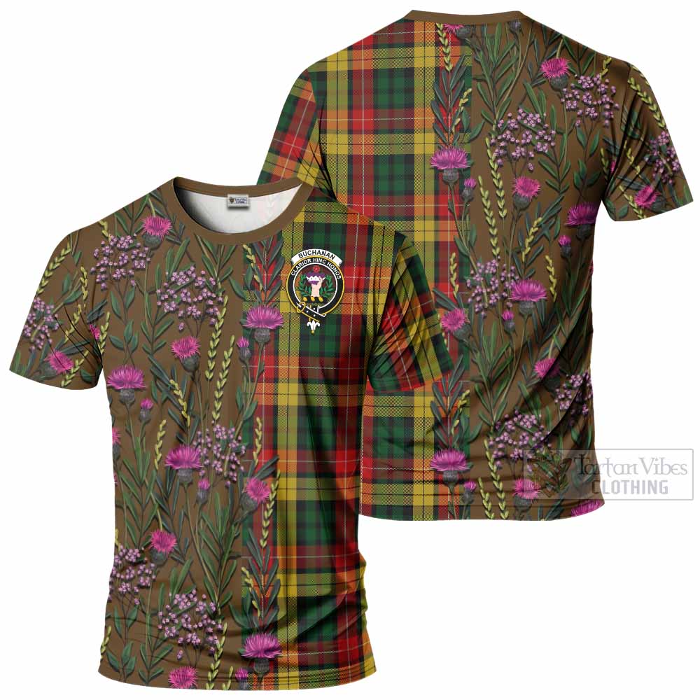 Buchanan Family Crest Tartan T-Shirt Scottish Thistle Flower Pattern Half Style - Tartan Vibes Clothing