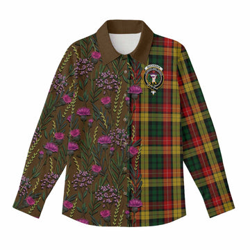 Buchanan Family Crest Tartan Women Casual Shirt Scottish Thistle Flower Pattern Half Style - Tartan Vibes Clothing