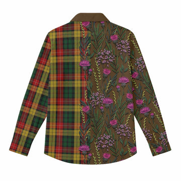 Buchanan Family Crest Tartan Women Casual Shirt Scottish Thistle Flower Pattern Half Style - Tartan Vibes Clothing