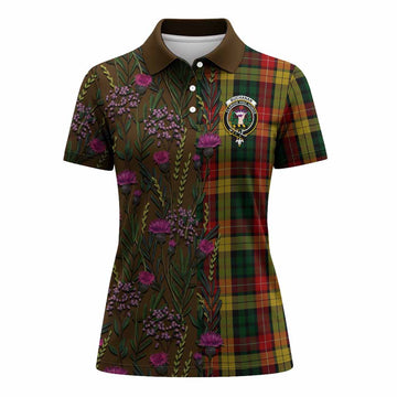 Buchanan Family Crest Tartan Women Polo Shirt Scottish Thistle Flower Pattern Half Style