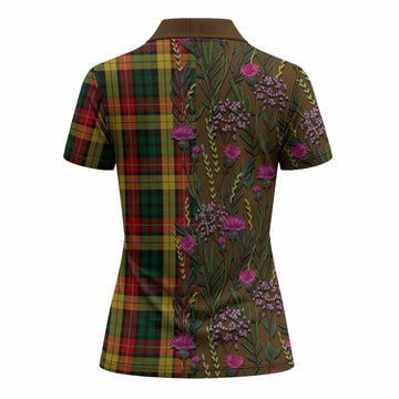 Buchanan Family Crest Tartan Women Polo Shirt Scottish Thistle Flower Pattern Half Style