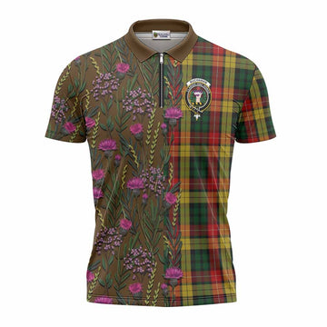 Buchanan Family Crest Tartan Zipper Polo Shirt Scottish Thistle Flower Pattern Half Style